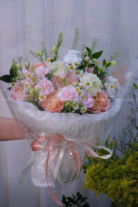 bo hoa tròn mix garden tone hong cam