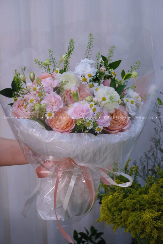 bo hoa tròn mix garden tone hong cam